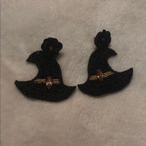 Black Witch Hat Earrings with Gold Accents